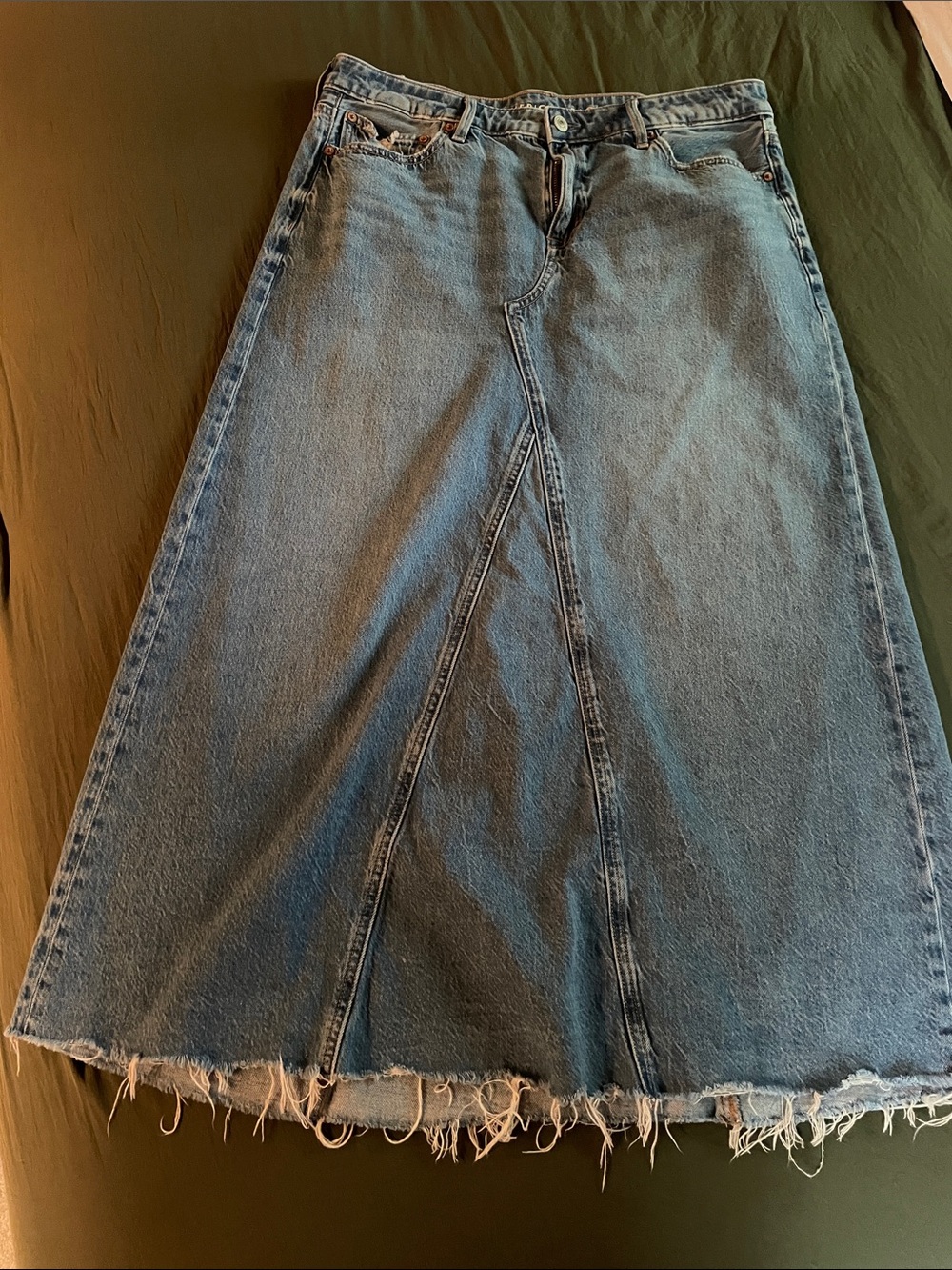 American Eagle Outfitters Light Blue Denim Maxi Skirt with Frayed Hem Accent